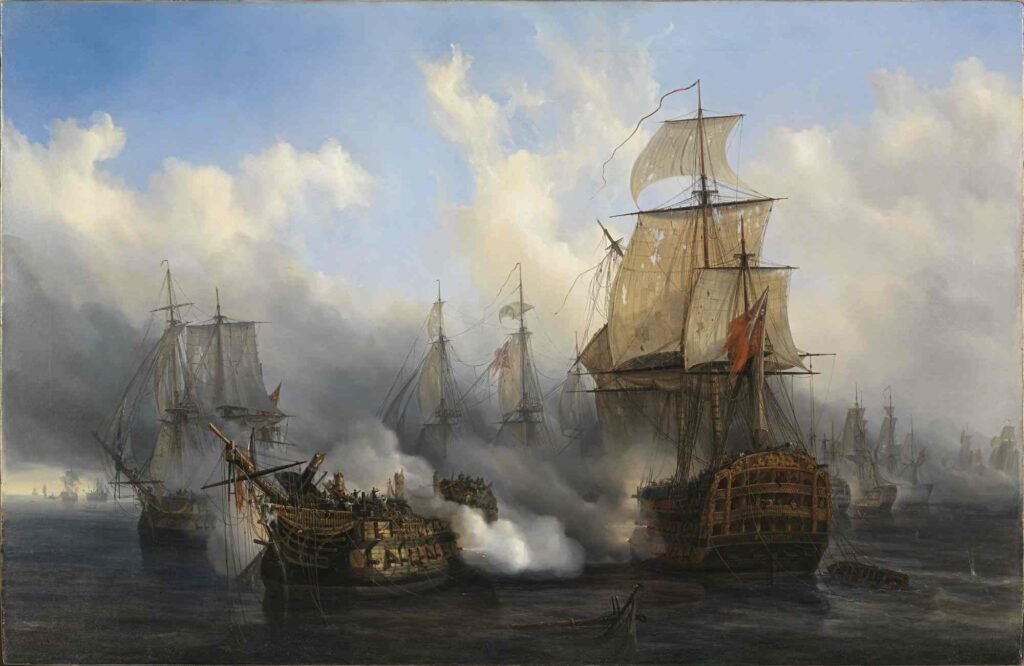 Este óleo que Auguste Mayer pintó en 1836 representa al Bucentaure recibiendo una andanada del HMS Sandwich durante la batalla de Trafalgar. En realidad el pintor ha cometido un error pues el HMS Sandwich fue retirado del servicio activo en 1797 y nunca intervino en Trafalgar. (información de Wikipedia).